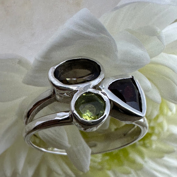 Trio Multi Gemstone 925 Sterling Silver Ring - Size 8 - Quality Gemstone Jewellery