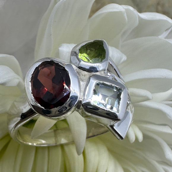 Trio Multi Gemstone 925 Sterling Silver Ring - Size 8 - Quality Gemstone Jewellery