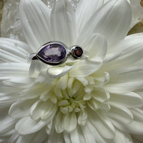 Amethyst Raindrop with Garnet Duo Gemstone 925 Sterling Silver Ring - Sizes 7 - Quality Gemstone Jewellery