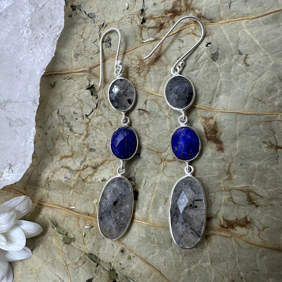Rutile Quartz & Lapis Lazuli - 925 Sterling Silver Earrings Quality Gemstone Jewellery