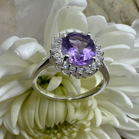 Amethyst Halo Style Sterling Silver Ring - Size 8 - Quality Gemstone Jewellery