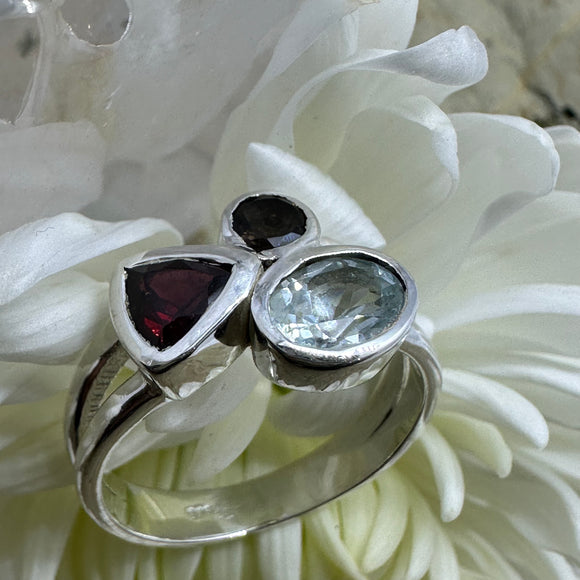 Trio Multi Gemstone Herkimer, Smokey & Garnet 925 Sterling Silver Ring - Size 8 - Quality Gemstone Jewellery