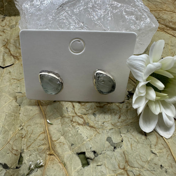 Green Amethyst Rough Studs Sterling Silver Earrings - Quality Gemstone Jewellery