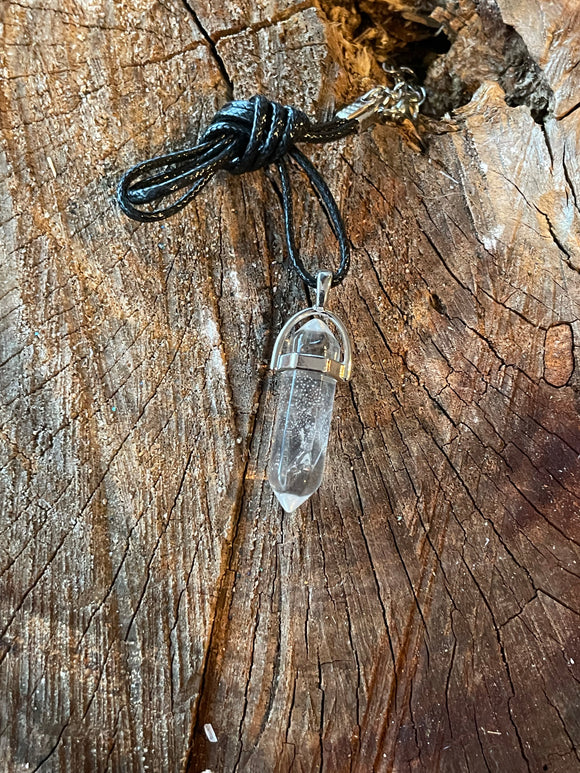 CLEAR QUARTZ PENDANT DOUBLE TERMINATED WITH SILVER COLLAR - 40MM