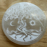 Satin Spar Round Charging Plate with Tree of life with Sun & Moon symbols