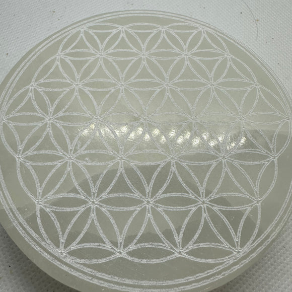 Satin Spar Round Charging Plate with Flower of Life symbol