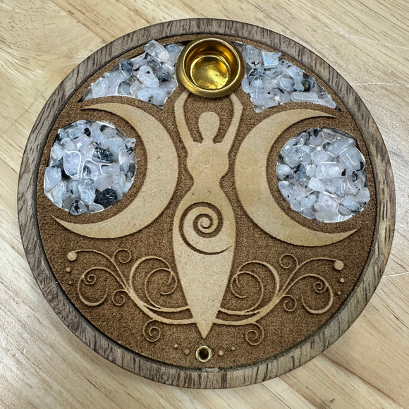 Wood Incense Disc Moon Goddess w/Rainbow Moonstone