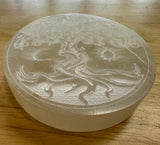 Satin Spar Round Charging Plate with Tree of life with Sun & Moon symbols