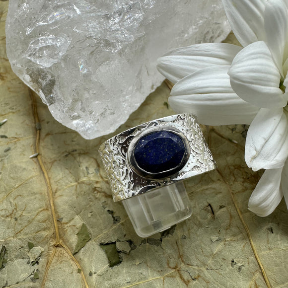 Lapis Lazuli Wide Band Sterling Silver Ring - Size 9 - Quality Gemstone Jewellery