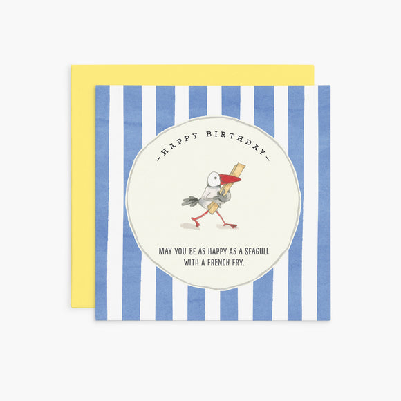 Twigseeds Birthday Card - Happy Birthday. May you be as happy as a seagull with a french fry. Stripe Background