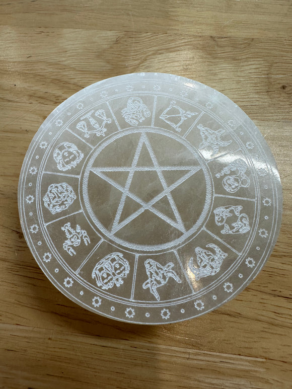 Satin Spar Round Charging Plate with Horoscope symbols