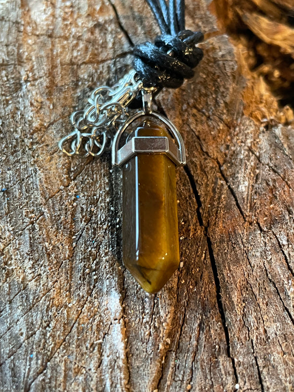 TIGER EYE GOLD DOUBLE TERMINATED PENDANT WITH SILVER COLLAR - 40MM