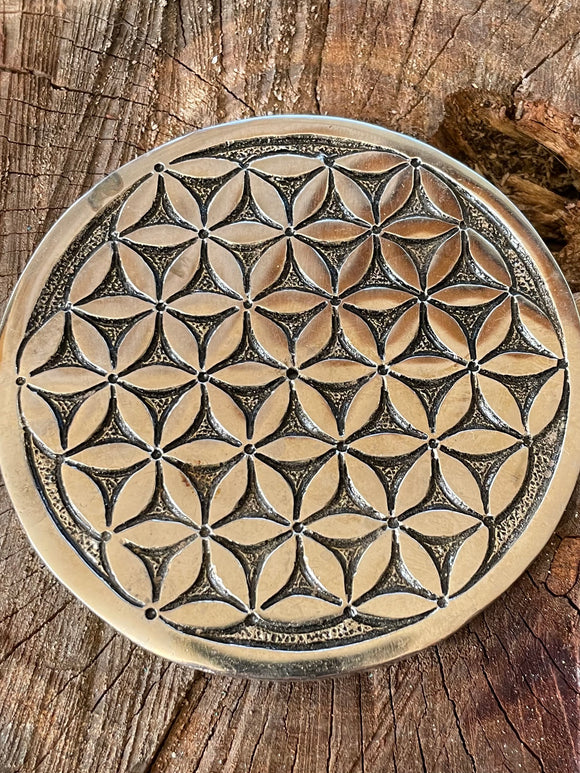 SILVER FLOWER OF LIFE ROUND INCENSE BURNER